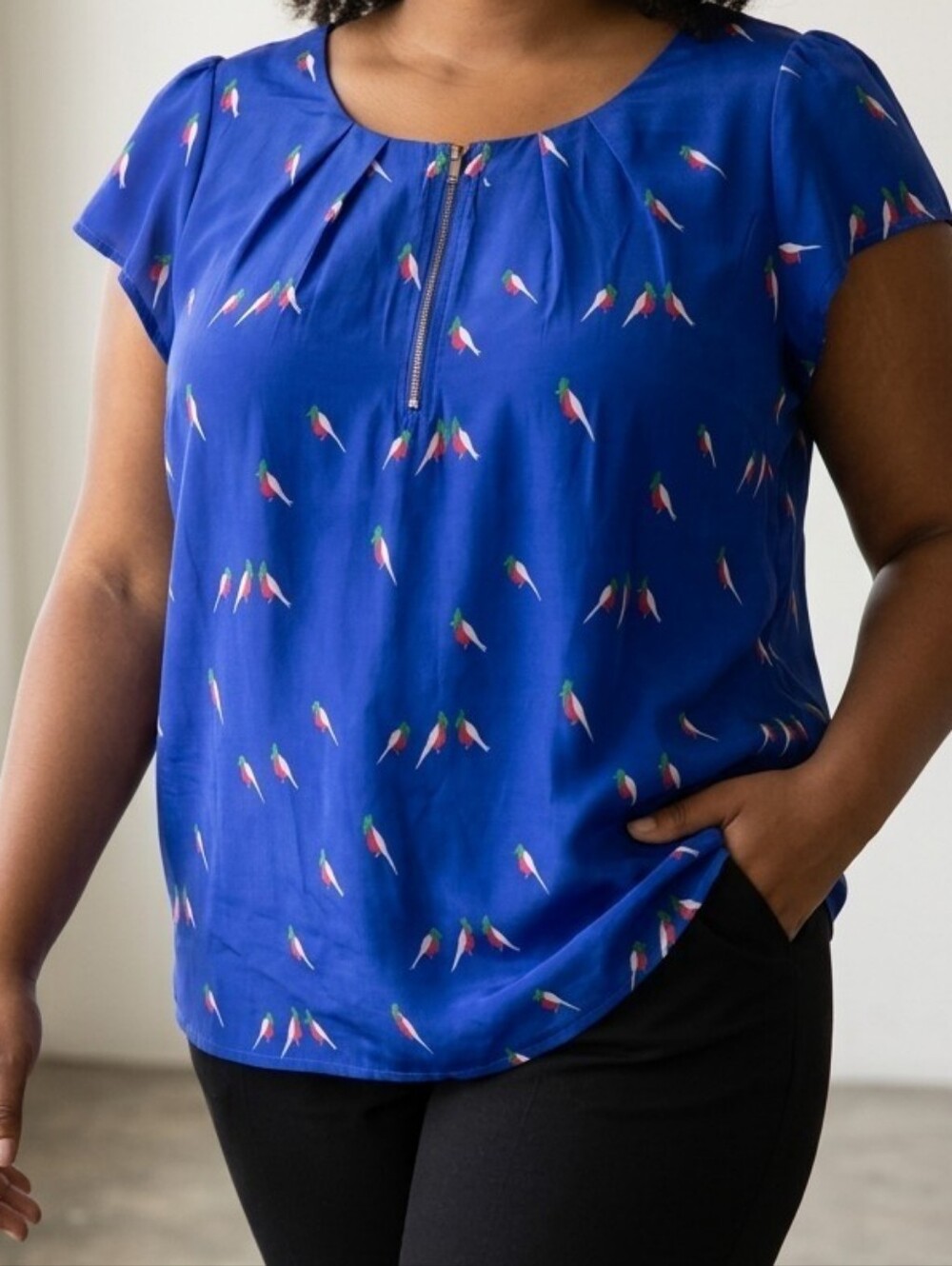 Sunny Girl Royal Blue Bird-Print Cap Sleeve Blouse 1X